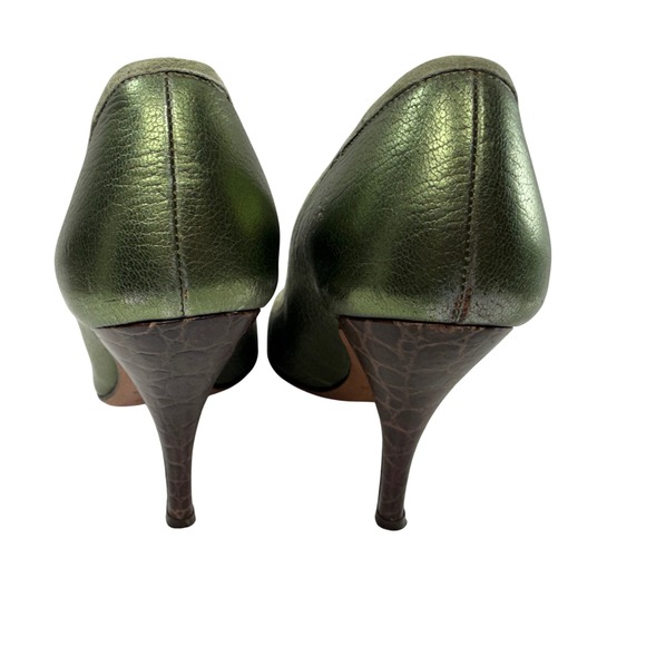 Karen Millen Green Metallic Crocodile Embossed Heels Size 37.5 US 6.5 Velvet Bow - Picture 8 of 11